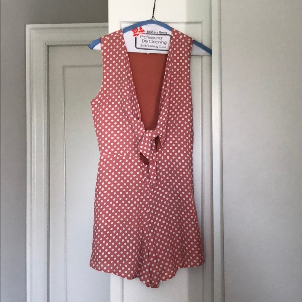 Privacy Please pink and white polka dot romper